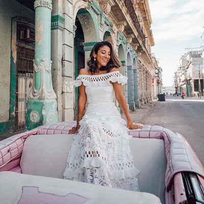 Women's Off-shoulder Ruffled Hollow Wide Hem Lace Dress