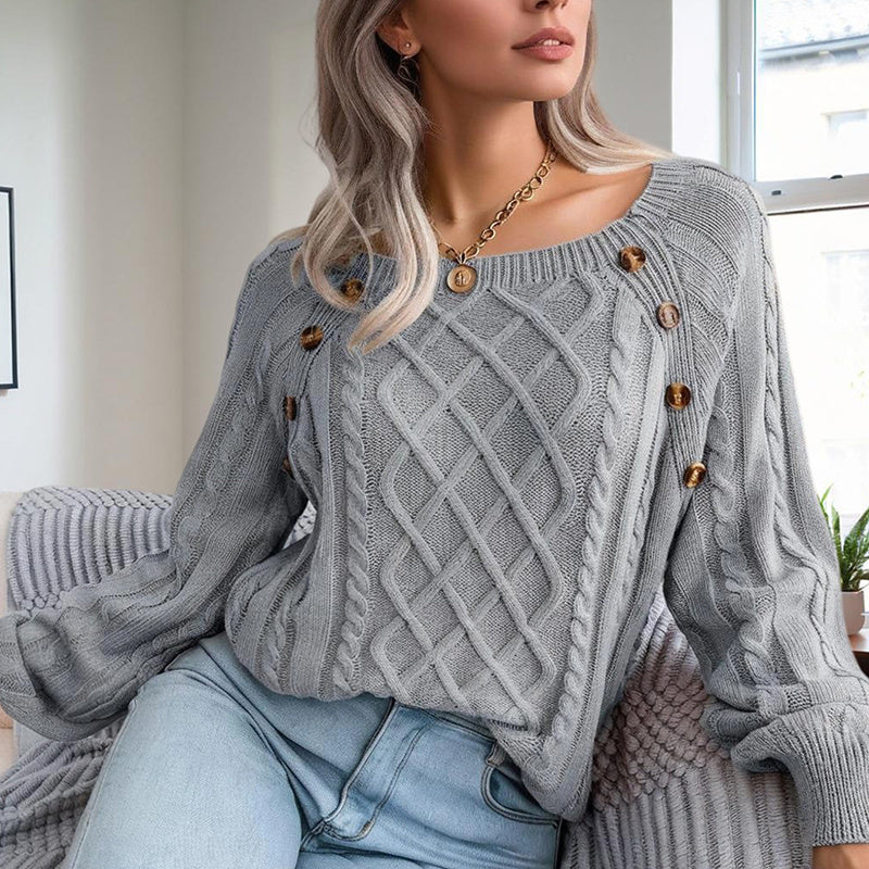Women's Solid Color Casual Square Neck Button-Detail Knit Top -