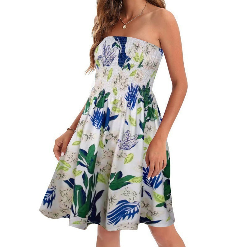 European And American Spring And Summer New Fashion Printed Beach Vacation Sexy Tube Top Dress