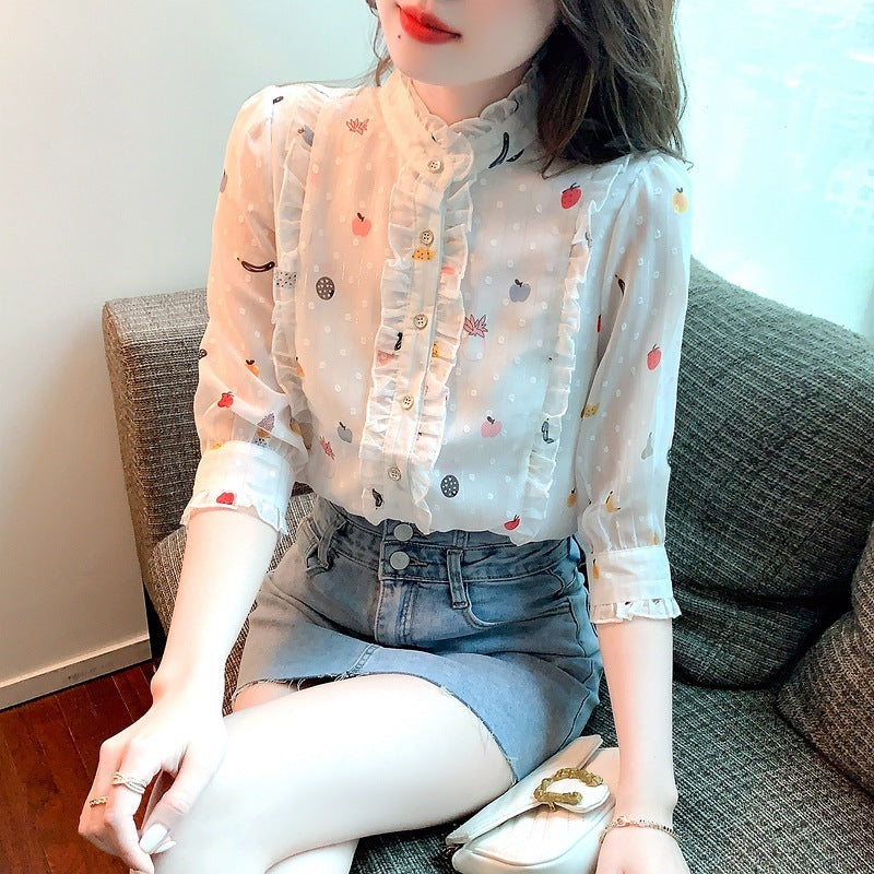 Women's Fashion Stand Collar Ruffle White Shirt