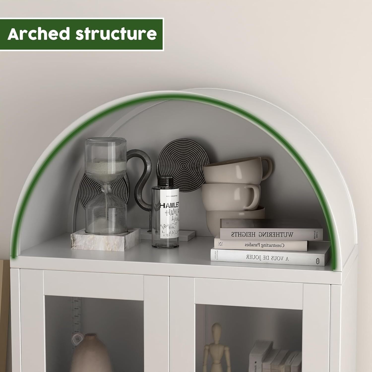 SUPEER Metal Showcase Sideboard Standing Cabinet With Arch Roof, Kitchen Cabinet With 2 Glass Doors, Glass Display Cabinet For Living Room, Bedroom, 185 X 80 X 40 Cm White