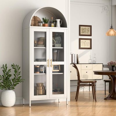 SUPEER Metal Showcase Sideboard Standing Cabinet With Arch Roof, Kitchen Cabinet With 2 Glass Doors, Glass Display Cabinet For Living Room, Bedroom, 185 X 80 X 40 Cm White