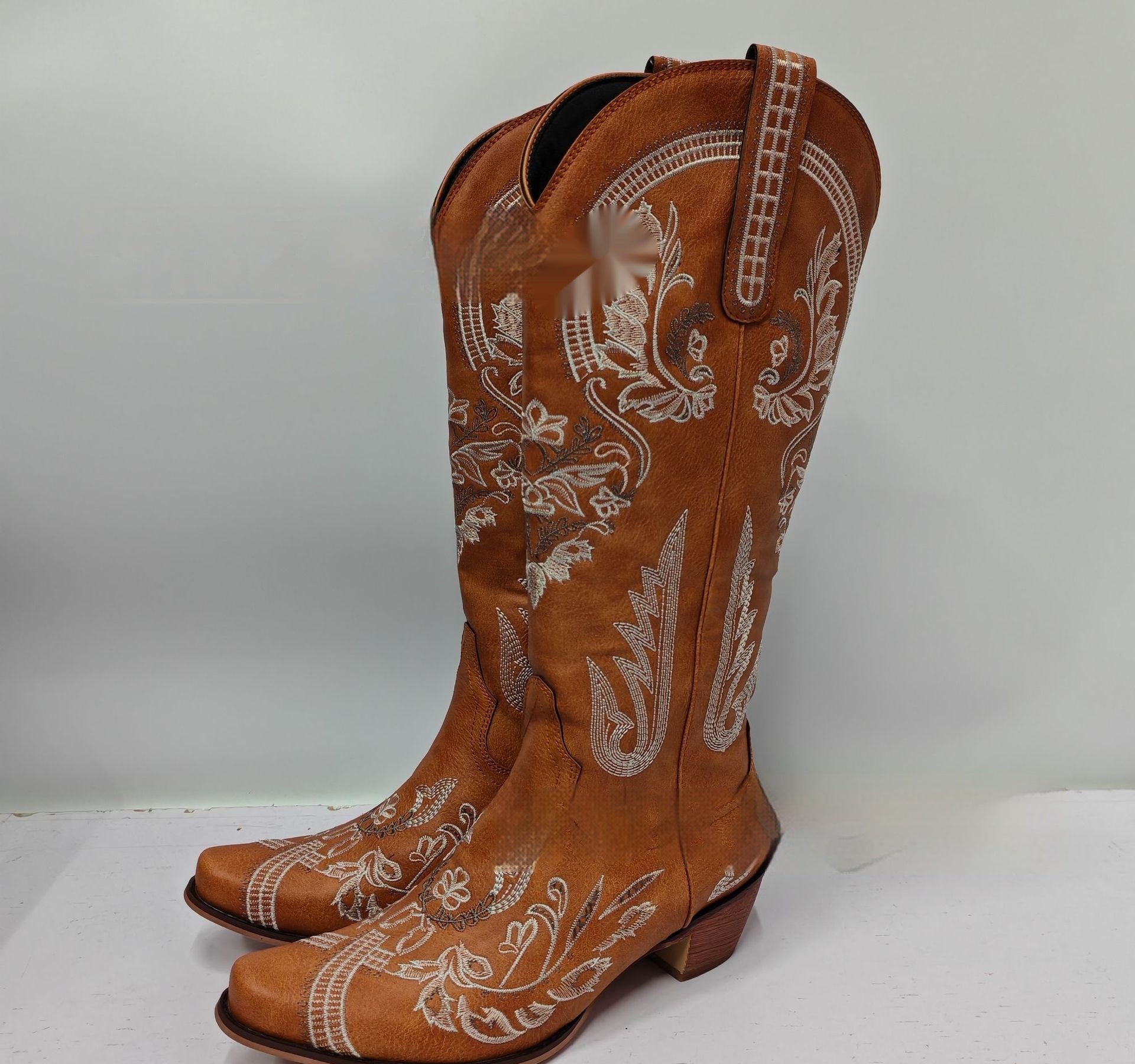 Embroidered Rhinestone Thick High Heel