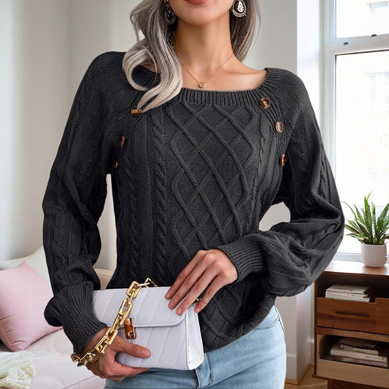 Women's Solid Color Casual Square Neck Button-Detail Knit Top -