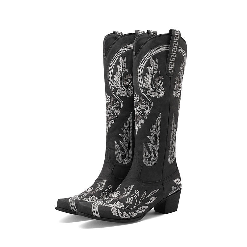 Embroidered Rhinestone Thick High Heel