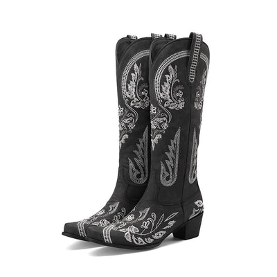 Embroidered Rhinestone Thick High Heel