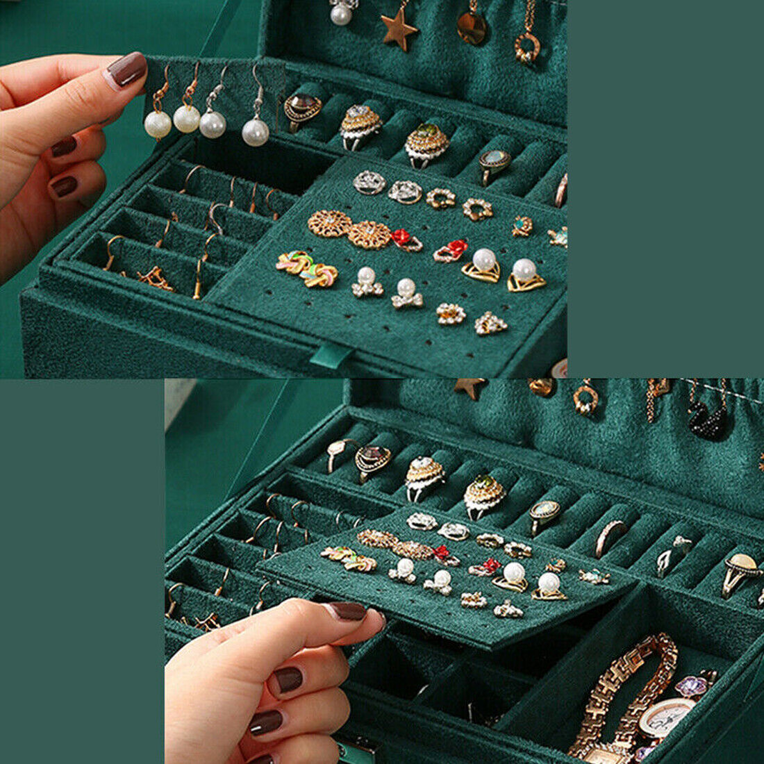 3 Layer Grey Jewellery Box Organizer Rings Necklaces Jewellry Storage Case Box
