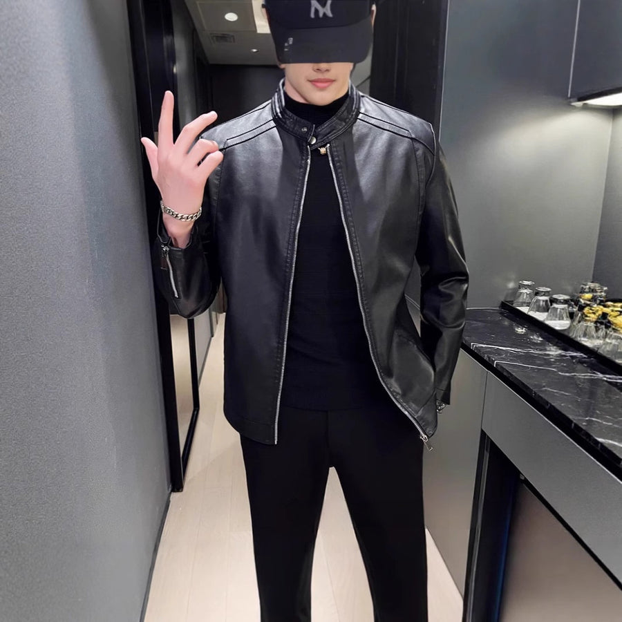 Spring And Autumn Men's Slim Leather Clothing With Stand Collar Jacket