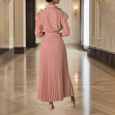 Women's Cross V-Neck Lapel Solid Color Long Sleeve Pleated Maxi Dress With Tie Waist Casual & Formal Dress For Spring & Fall