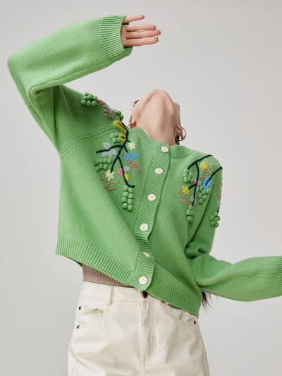 Green Handmade Three-dimensional Embroidered Round Neck Knitted Cardigan For Women