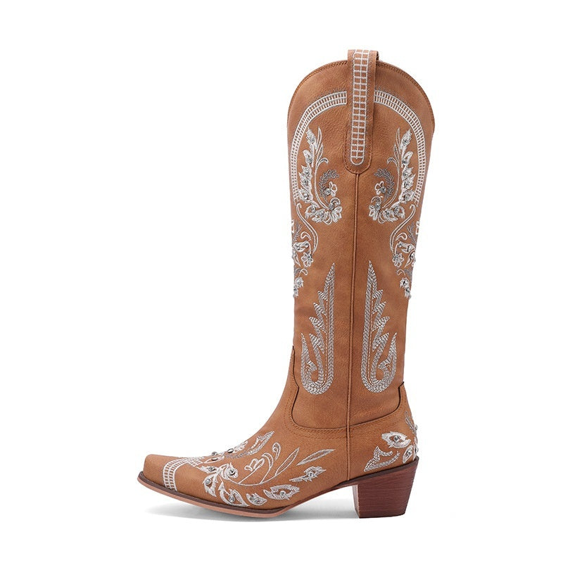 Embroidered Rhinestone Thick High Heel