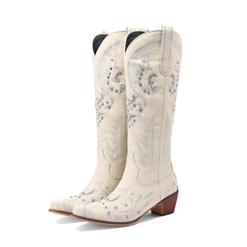 Embroidered Rhinestone Thick High Heel