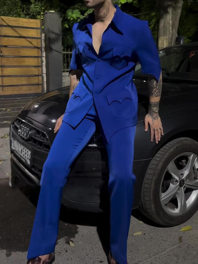 Blue Short - Sleeve Suit With Heart - Shaped Pocket Details