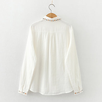 Women's Elegance Doll Collar Embroidered Pleated Long Sleeve Shirt
