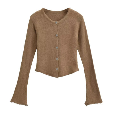 Women's Round Neck Single-breasted Bell-sleeve Sweater