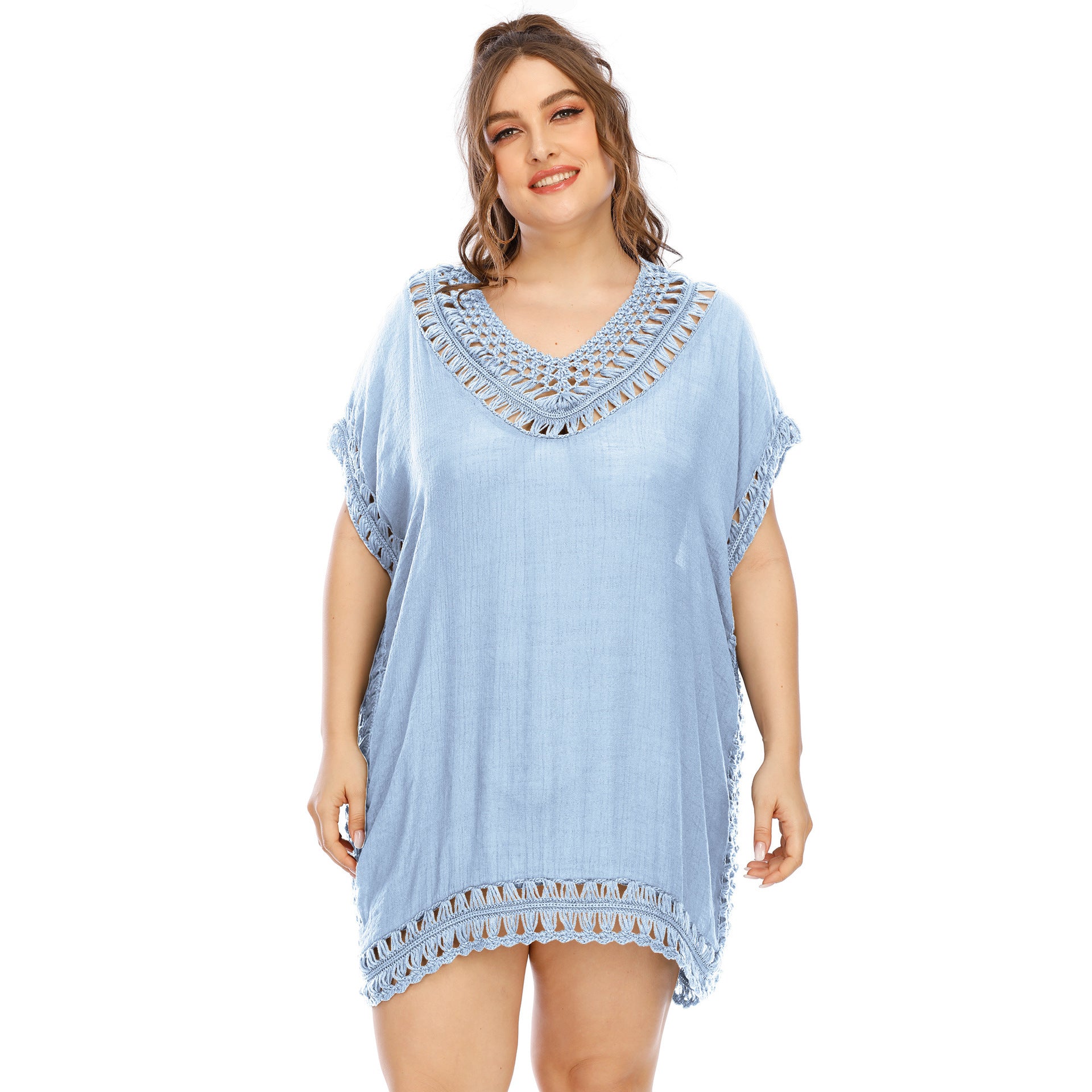 Women's Handmade V-neck Patchwork Solid Color Beach Dress
