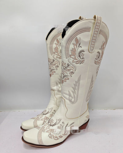 Embroidered Rhinestone Thick High Heel