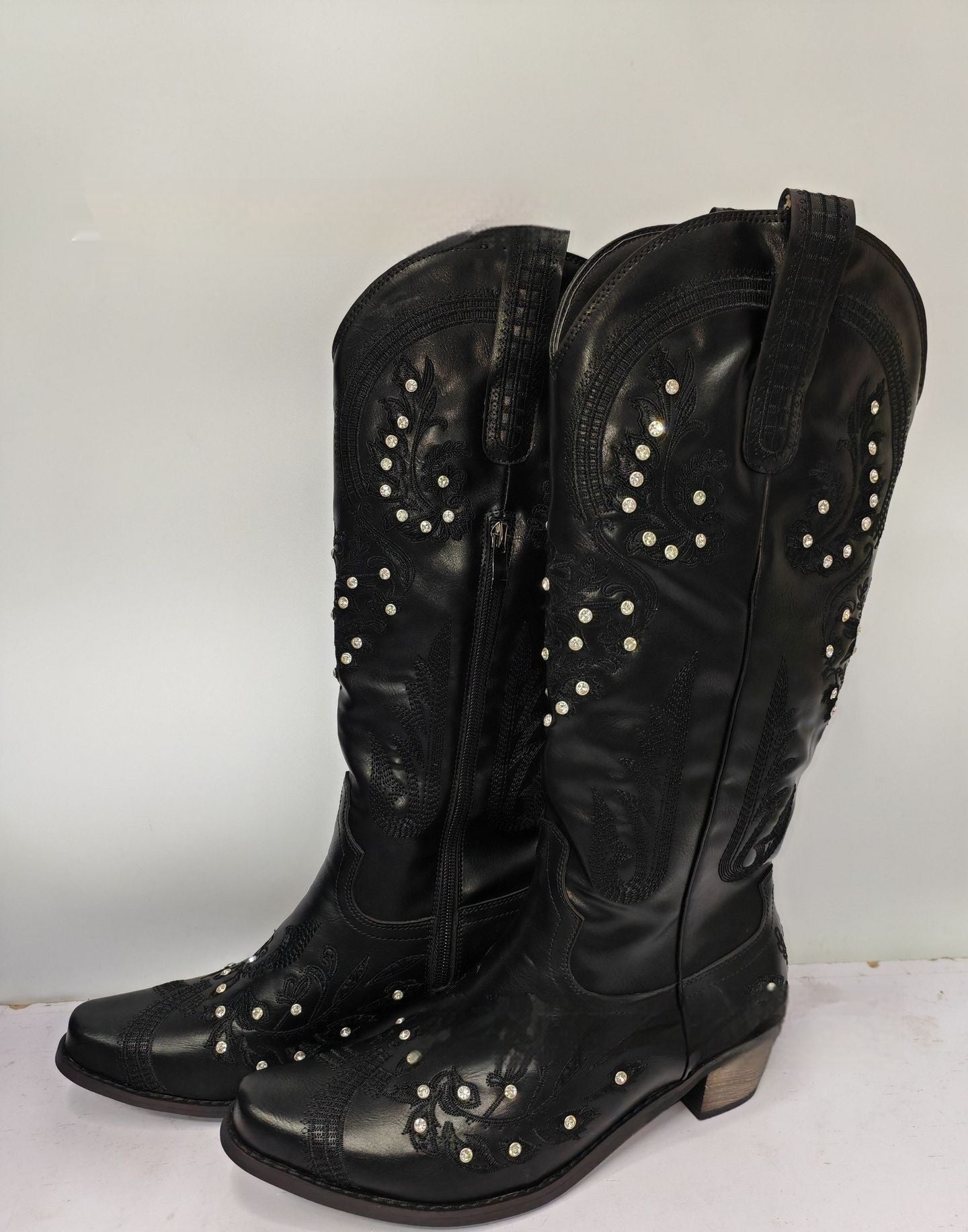 Embroidered Rhinestone Thick High Heel