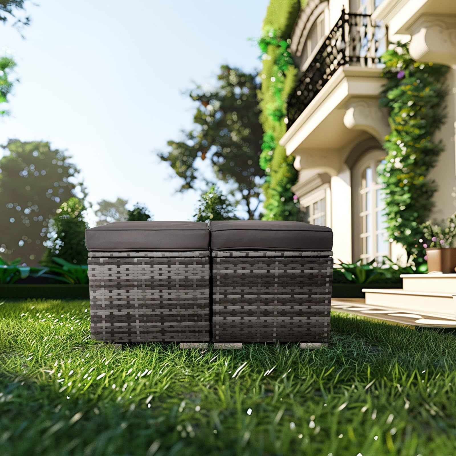 2 Wicker Ottomans, Multipurpose Outdoor Furniture For Patio, Backyard, Additional Seating, Footrest, Side Table With Storage, Removable Cushions