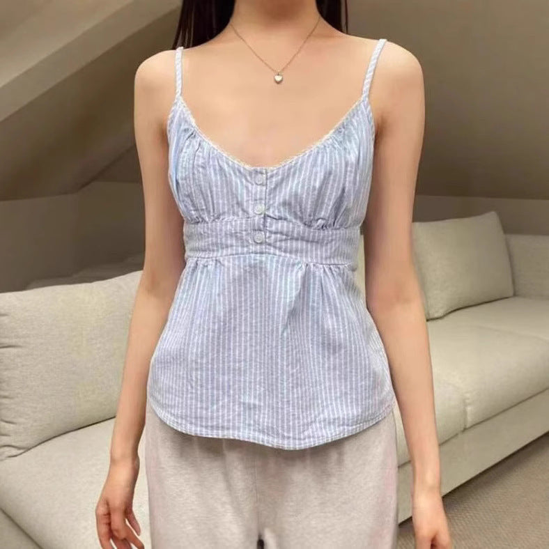 Blue And White Striped Lace V-neck Lace-up Camisole