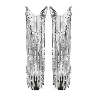 Sequin Tassel Pointed Sleeve High Leg Boot