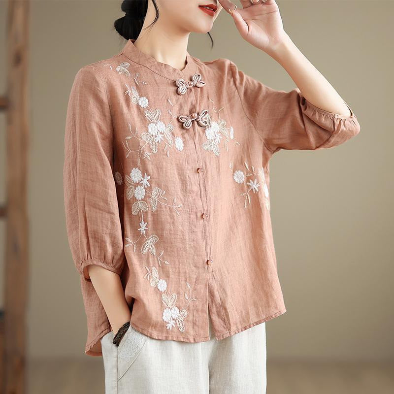 Women's Three-quarter Sleeve Cotton And Linen Top