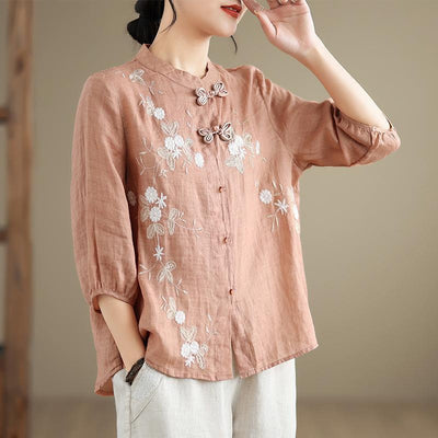 Women's Three-quarter Sleeve Cotton And Linen Top