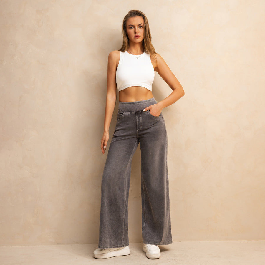 Shascullfites Full-Length Wide Leg Jeans Stretch Cotton Light Grey Wash Casual Pants With Multiple Pockets Baggy Fit