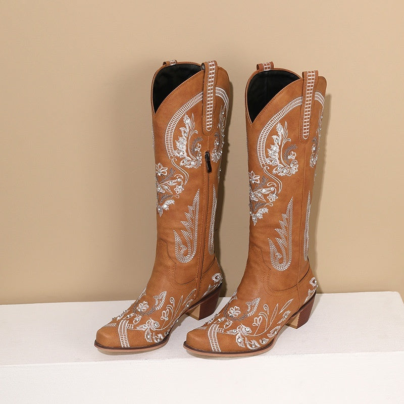 Embroidered Rhinestone Thick High Heel
