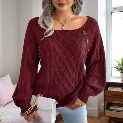 Women's Solid Color Casual Square Neck Button-Detail Knit Top -