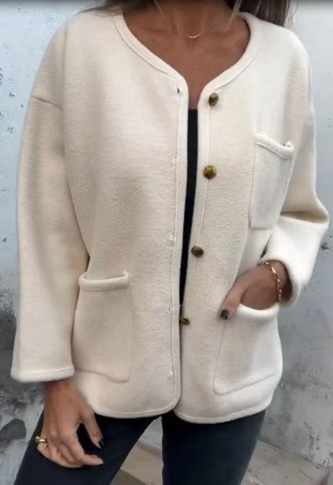 Women's Round Neck Long Sleeve Woolen Coat