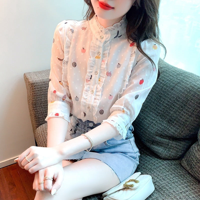 Women's Fashion Stand Collar Ruffle White Shirt