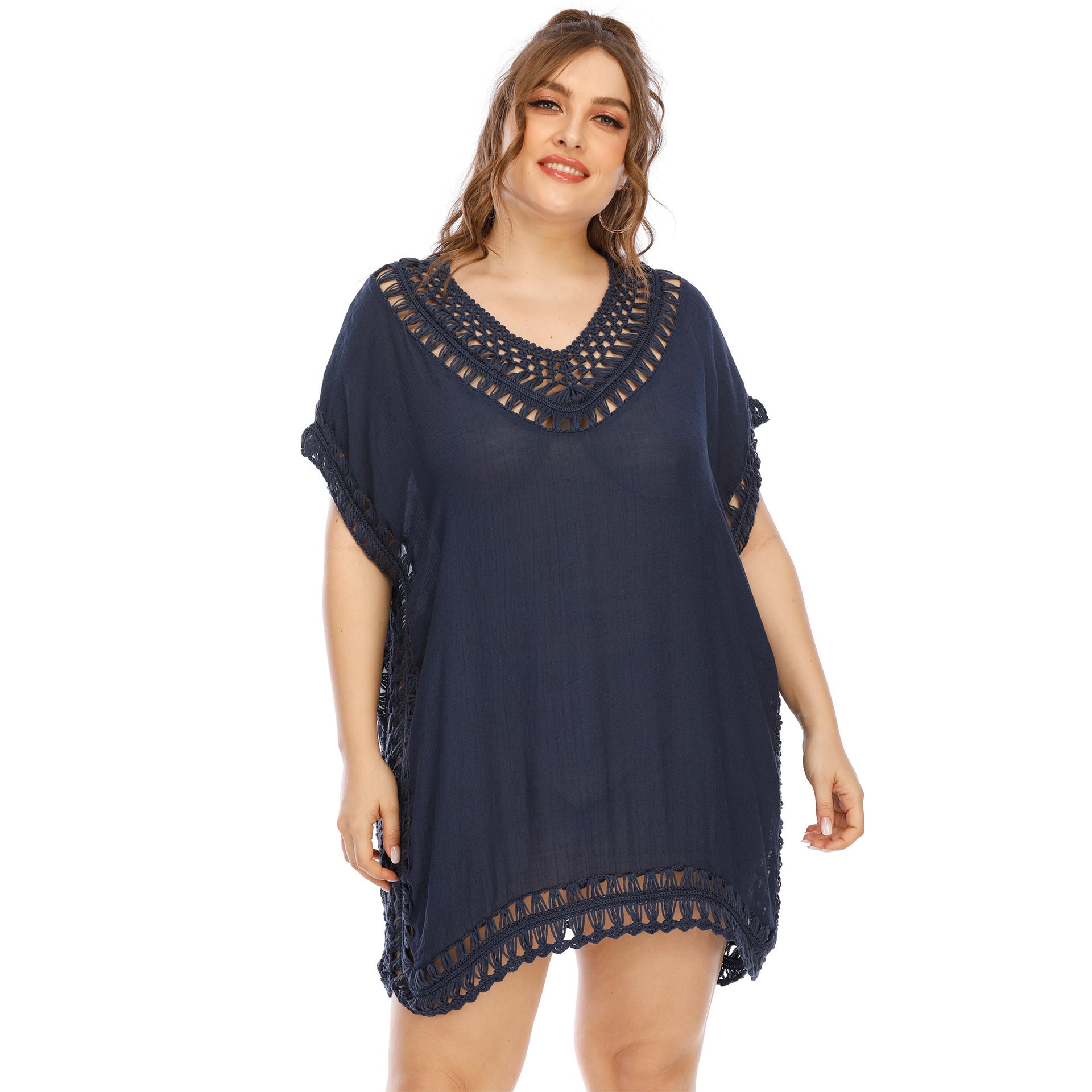 Women's Handmade V-neck Patchwork Solid Color Beach Dress