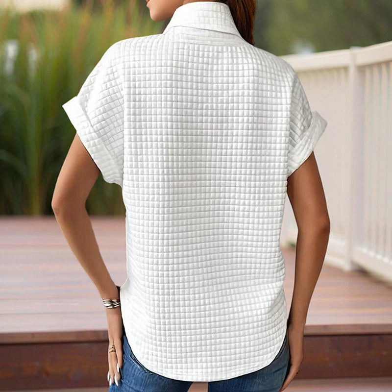 Women's Solid Color Round Neck Short Sleeve Top - Textured Cuff Detail Comfortable Summer Casual Tee
