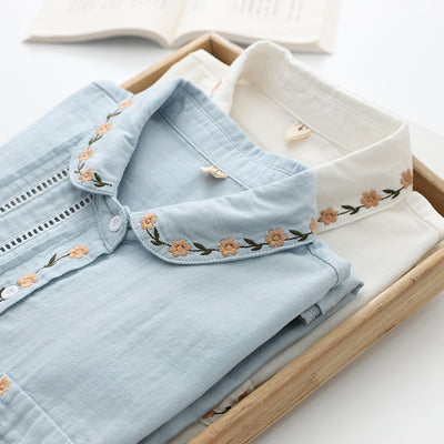 Women's Elegance Doll Collar Embroidered Pleated Long Sleeve Shirt