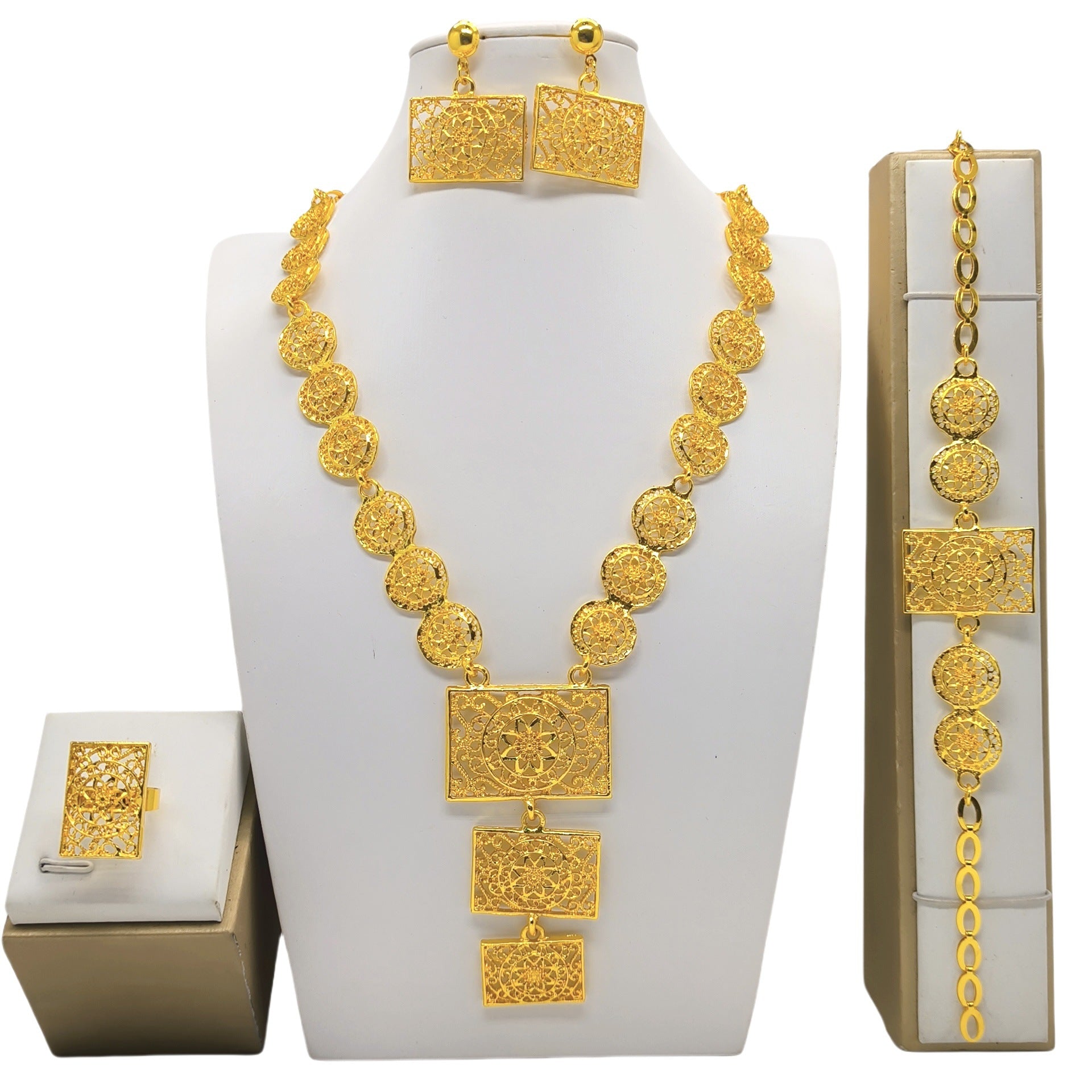 Gold Jewelry Suit Arabic Bridal Wedding Necklace Bracelet Earrings Ring
