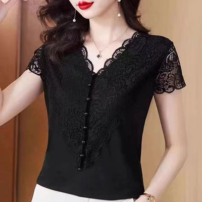 Lace V-neck Short Sleeve Temperament Slimming Top