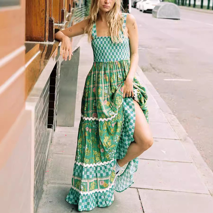European And American Women's Clothing Spaghetti-strap Floral Print Dress Fashion