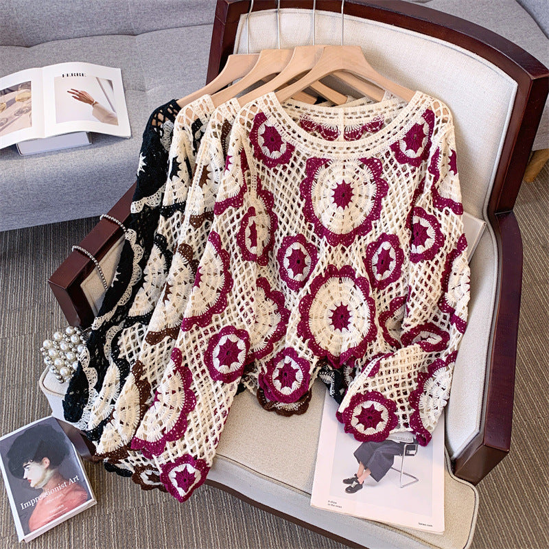 Ankela Red French Crocheted Hollow Sweater