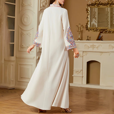 Elegant Women's Long Sleeve Floor-Length Dress - Stand Collar With Geometric Print & Sequins Detail Dress For Casual&Party Wear