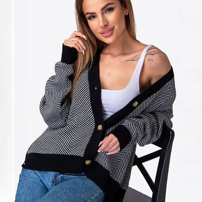 Contrast Striped Sweater Jacket, Long Sleeved Top