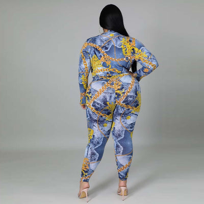 Plus Size Women's Autumn New Fashion V-neck Printed Shirt Trousers Suit