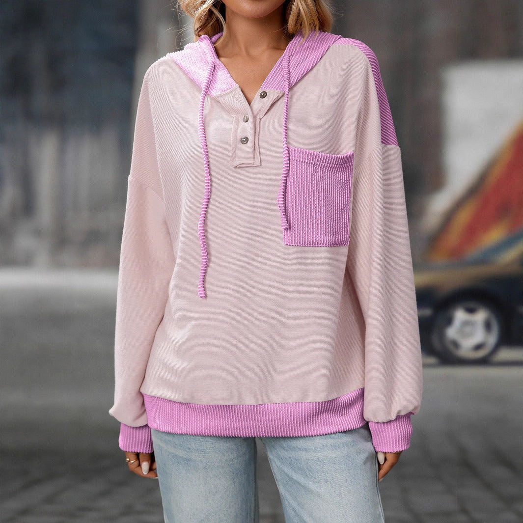 Women's Contrast Color Twist Strip Hooded Sweater