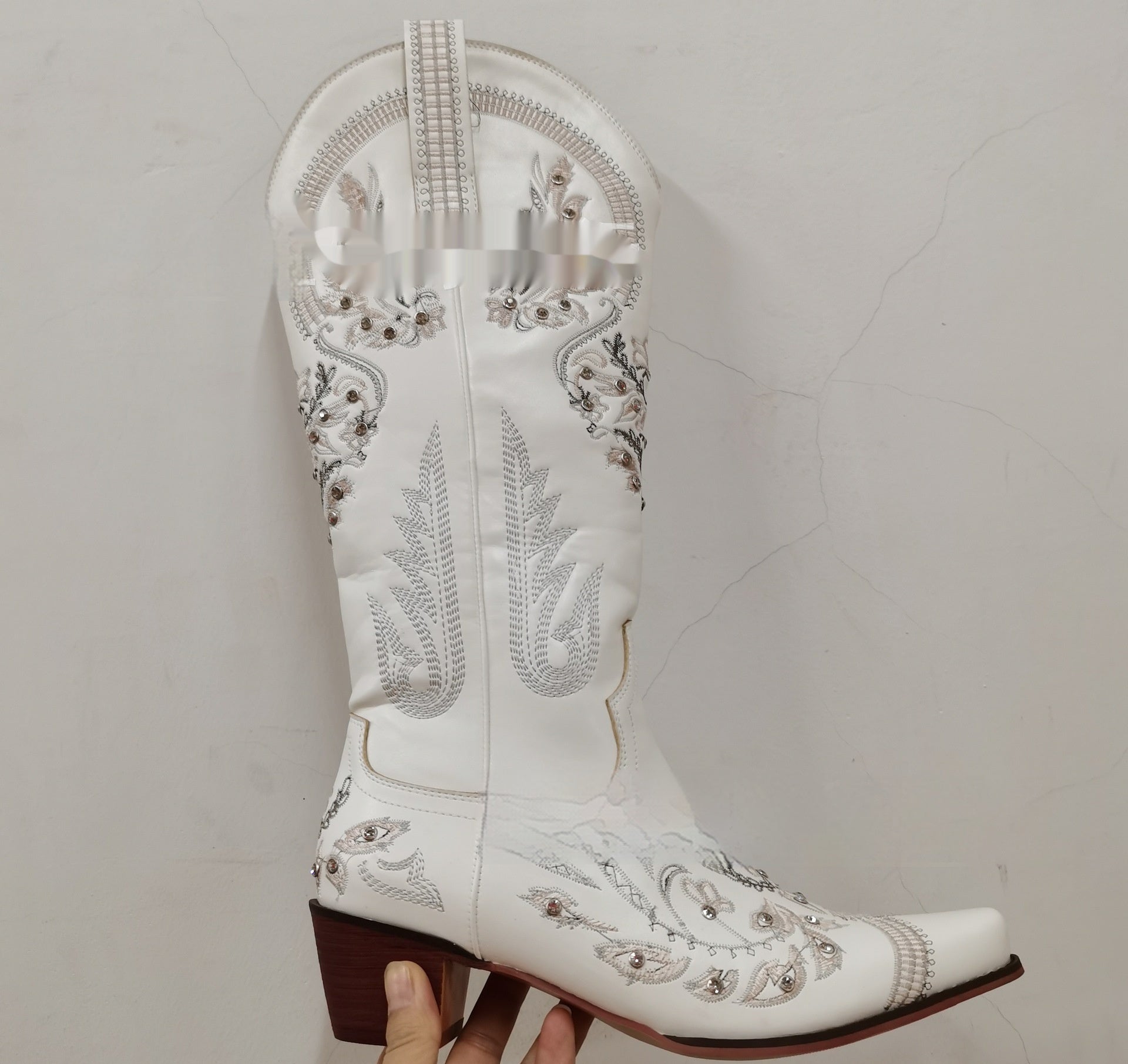 Embroidered Rhinestone Thick High Heel