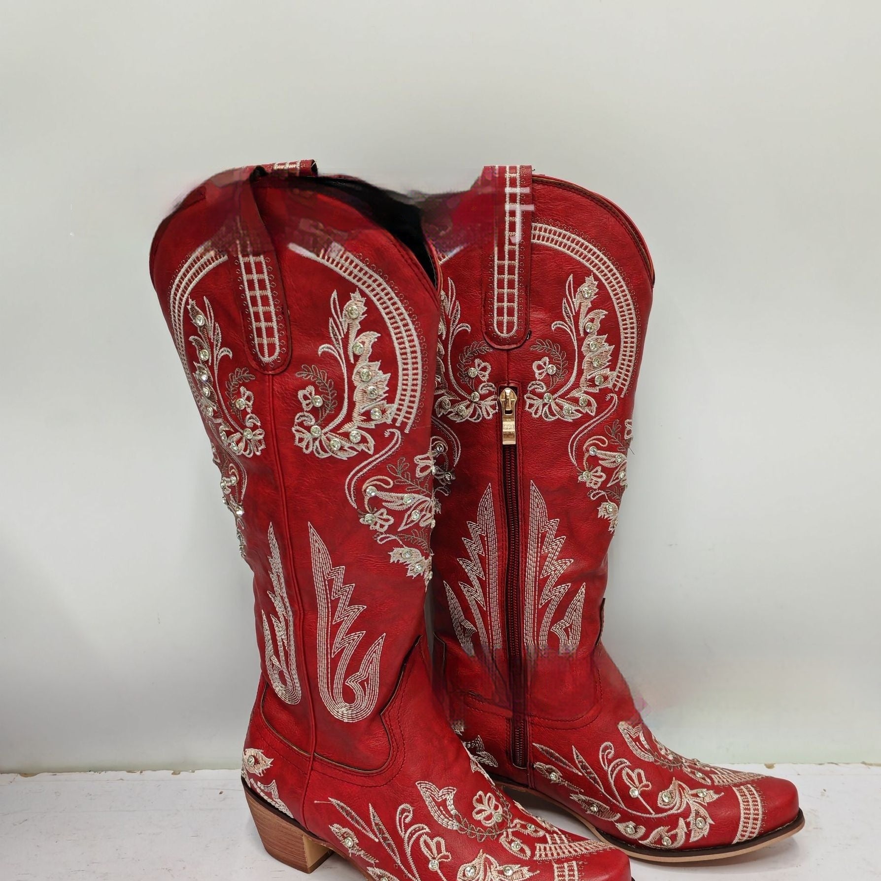 Embroidered Rhinestone Thick High Heel
