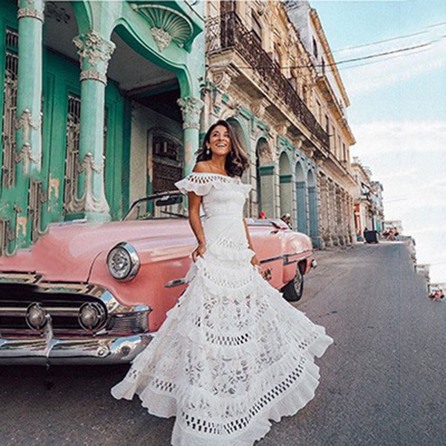 Women's Off-shoulder Ruffled Hollow Wide Hem Lace Dress