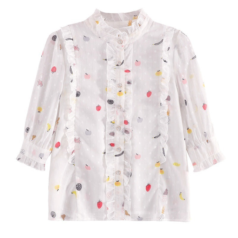 Women's Fashion Stand Collar Ruffle White Shirt