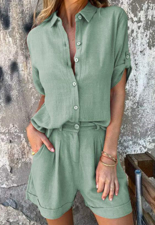 Short-sleeved Suits Fashion Lapel Button Shirt Top And Pocket Shorts Women's Clothing