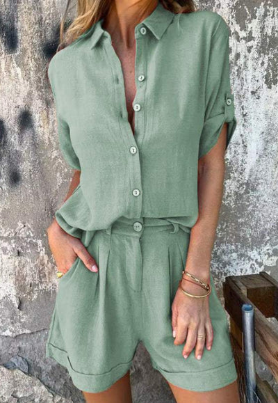 Short-sleeved Suits Fashion Lapel Button Shirt Top And Pocket Shorts Women's Clothing