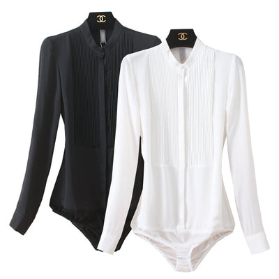 Stand Collar Organ Pleated Chiffon Shirt One-piece